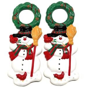 Lot Of 2 Vintage Snowman Door Knob Hanger Plastic J.S.N.Y. Christmas Decor